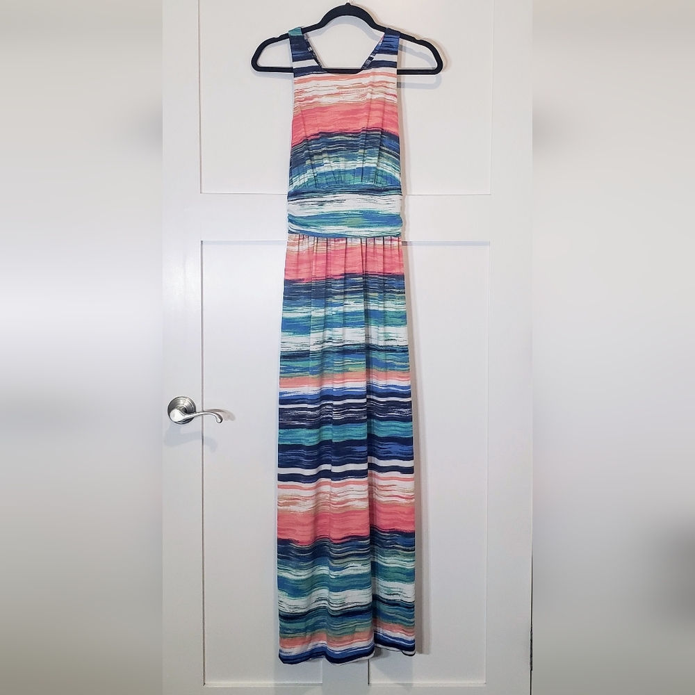 Tori Richard Maxi Hawaiin Dress Colorful Striped Racerback Size Large